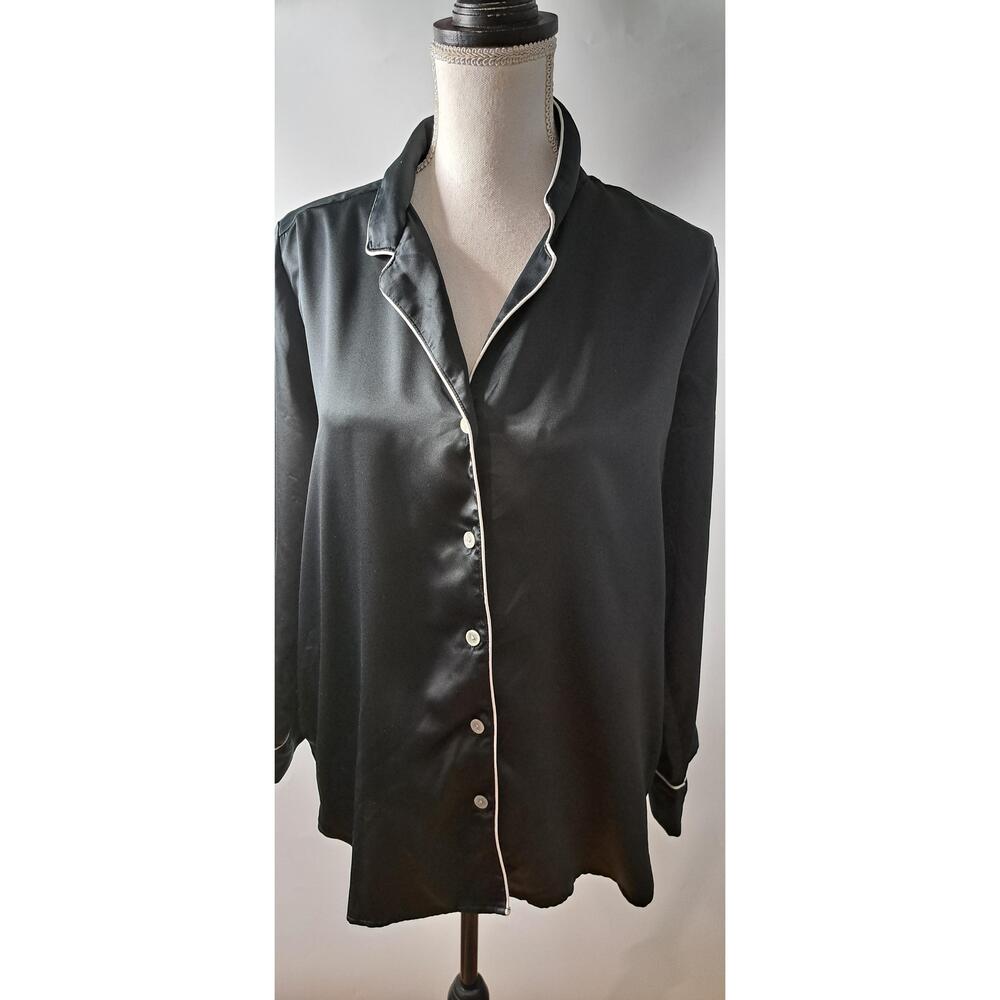 Natori Womens Black w/White Piping Long Sleeve Pajama Shirt Sleep Top Medium